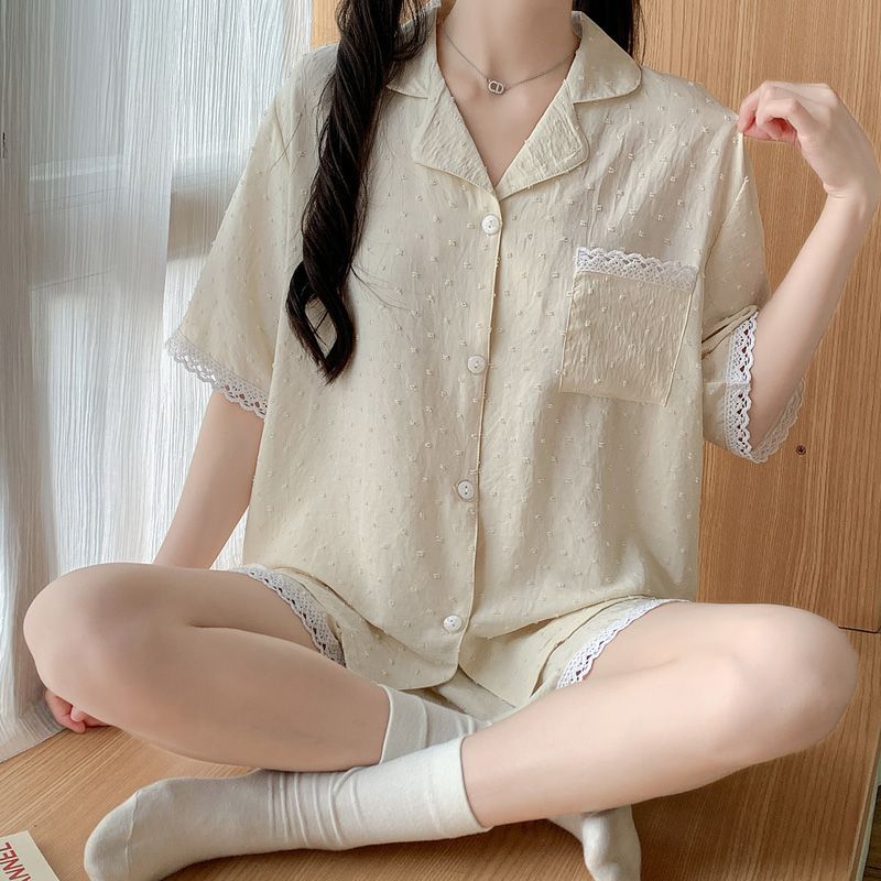 Pijamas mujeres verano nuevo estilo encaje peinado jacquard algodón casual de manga corta pantalones cortos solapa cárdigan traje de servicio a domicilio