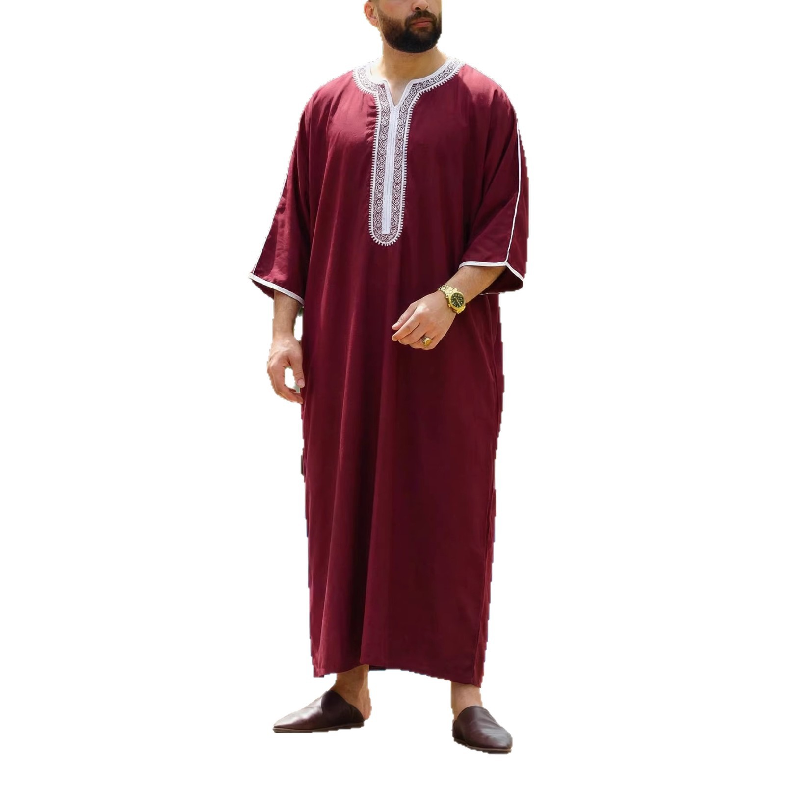Moroccan Men's Short Sleeved Embroidered V Neck Muslim Robe, Arab Men's Clothing, Multiple Colors Available._voghion.com