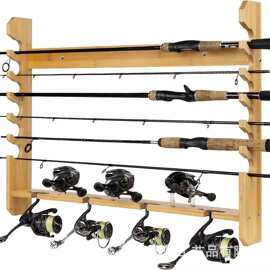 木质壁挂式鱼竿支架用于车库抛投轮简约木质钓鱼竿架厂家直销
