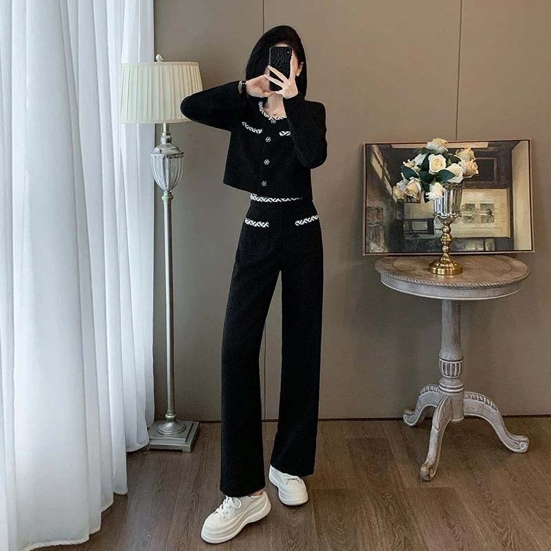 小香风黑色休闲套装女秋季穿搭一整套高级感气质显瘦直筒裤两件套|undefined