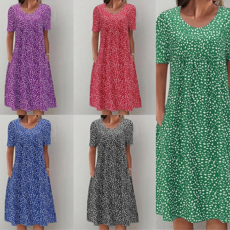 Cross-Border Women's Casual Loose Round Neck Bohemian Floral Dress Short-Sleeved Summer Beach Swing Dress