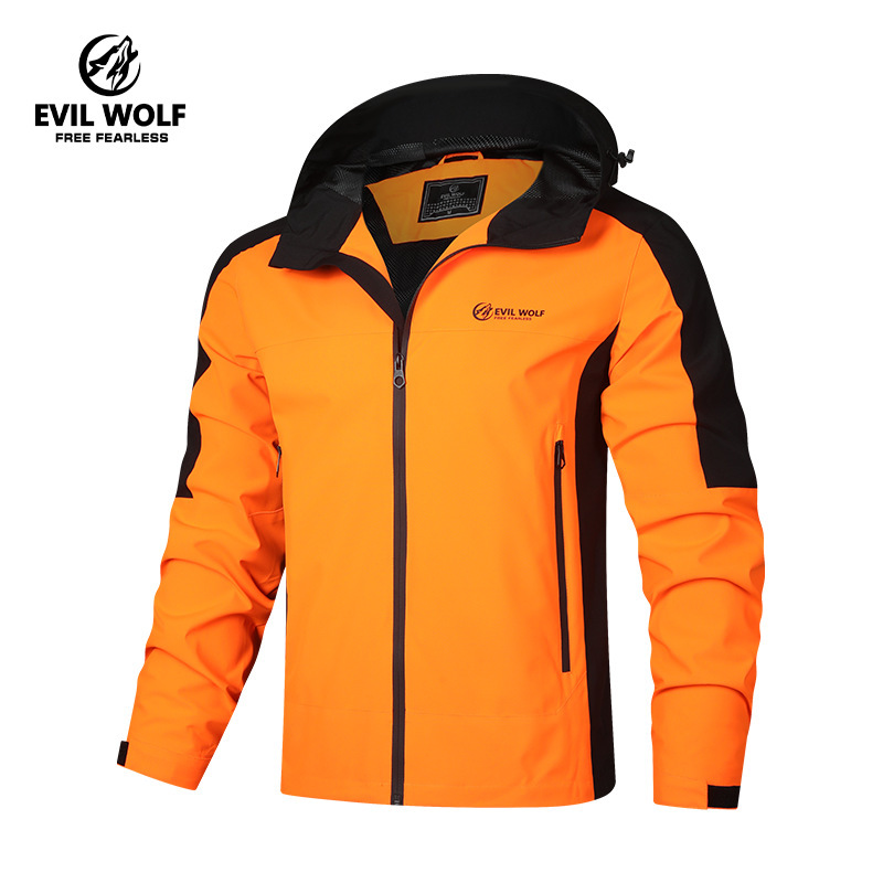 Men's light hooded stitching windproof jacket, spring and autumn outdoor equipment, suitable for outdoor hiking, mountaineering