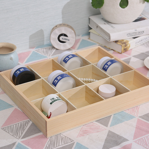 IYR7 Desktop Small Grid Storage Wooden Box, Simple Real Wood Retro Multi-Compartment Large Size Makeup Underwear Jewelry Organizer