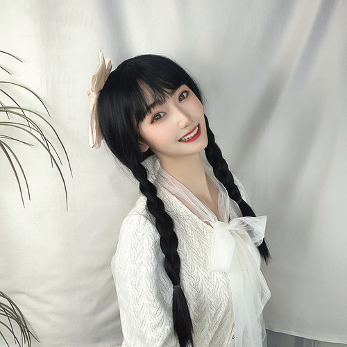 American drama Wednesday anime cos wig The Addams Family whole head double braid braids stage performance props