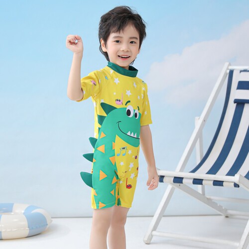 Children's swimwear for boys, one-piece swimsuit for baby boys, long-sleeved beach, sunscreen, hot spring, swimming suit with dinosaur design