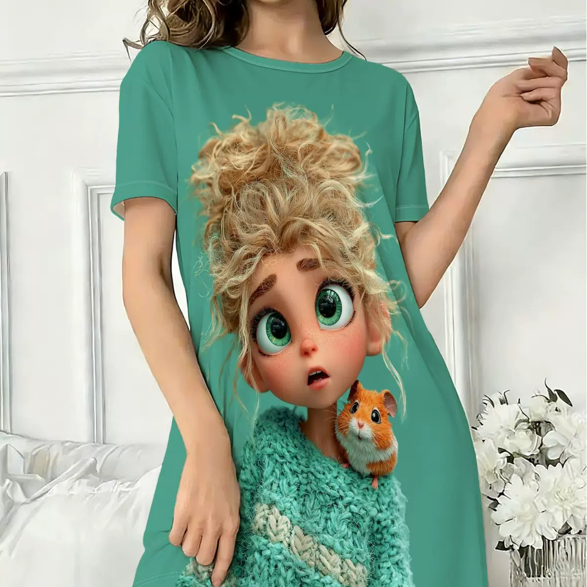 2026新款外贸跨境卡通短袖仿真丝睡衣女睡裙跨境家居服短裙批发