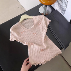 オリジナルデザイン！高品質な夏の新作韓国風スイートリボン半袖トップス、女性用、多用途な韓国風コーデに。