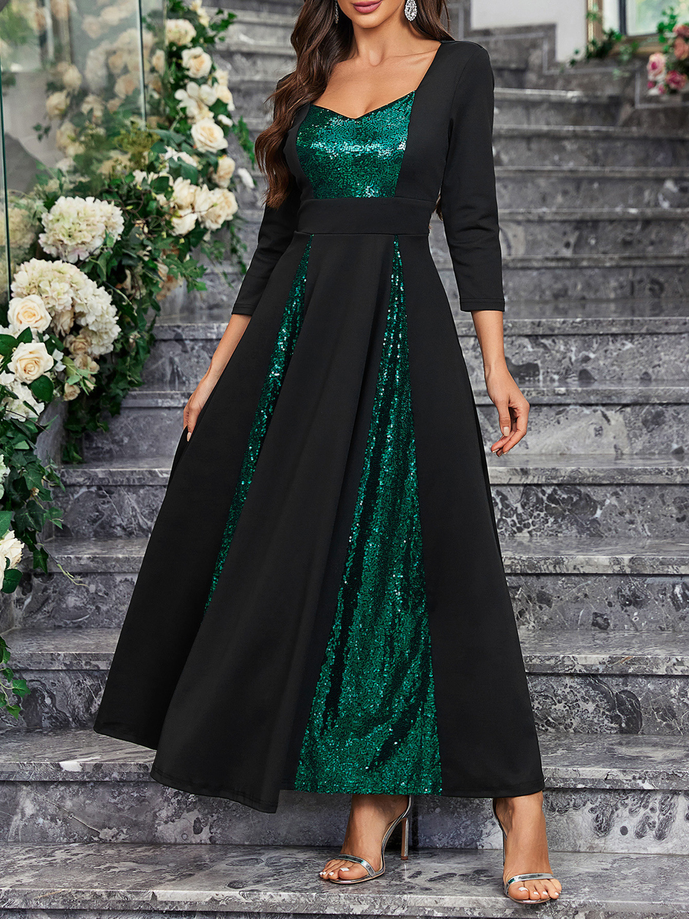 Ropa de mujer transfronteriza nuevo comercio exterior Amazon elegante lentejuelas gran fiesta cóctel vestido de fiesta de longitud media