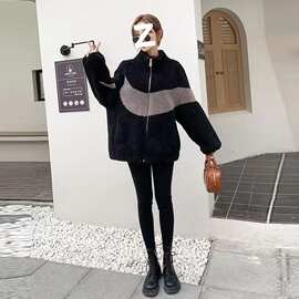 正品网红拼接羊羔毛毛棉衣外套女秋冬加厚保暖宽松休闲轻薄棉服潮