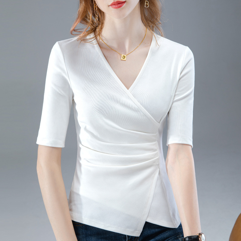 Camiseta de manga media para mujer 2023 nueva camiseta de algodón de media manga con cuello en v elegante para mujer, parte superior de cintura plisada irregular