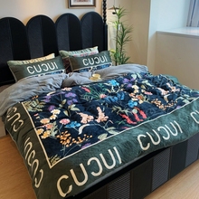 潮牌数码印花冬季牛奶绒四件套保暖加厚珊瑚绒格子被套双面绒床单