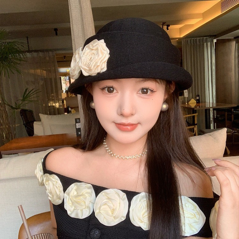 法式优雅花朵千金礼帽女夏季薄款透气大头围显脸小赫本风贝雷帽子|undefined