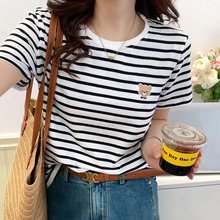 夏季新款刺绣条纹短袖T恤女韩版显瘦纯棉上衣女装