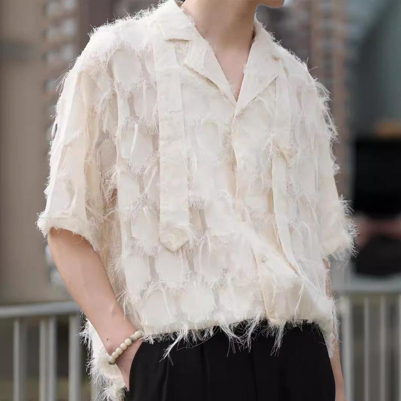 Niche Fringe Fringe Design Sense Shirt Men's Loose Summer Hong Kong Style Short Sleeve Shirt Puffy Handsome Cardigan Jacket