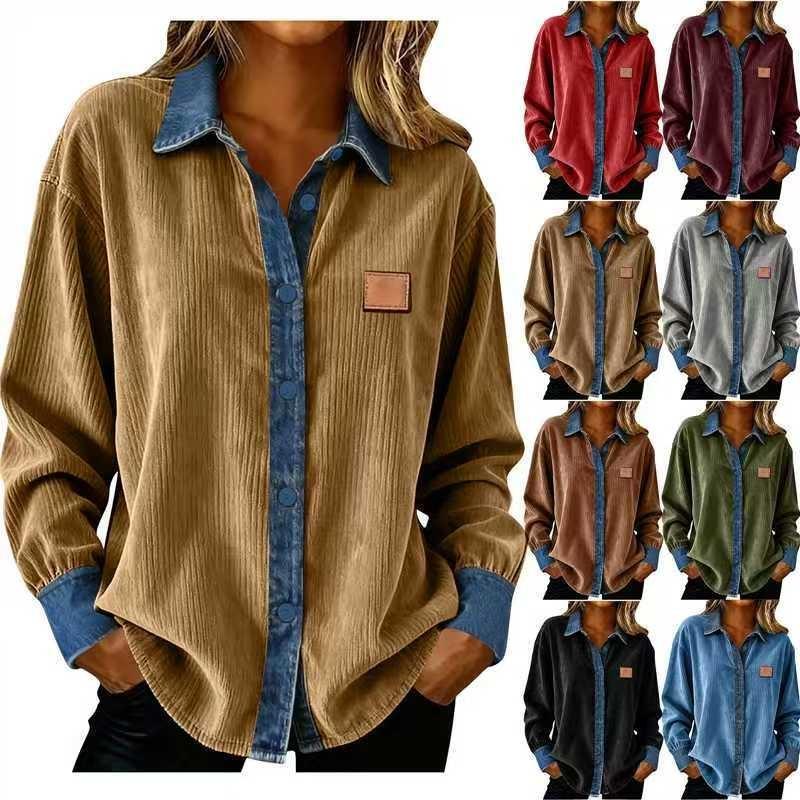 Cross-Border 2025 Women's Solid Color Casual Long-Sleeve Denim Shirt with Corduroy Patchwork Button-Up Cardigan Top
