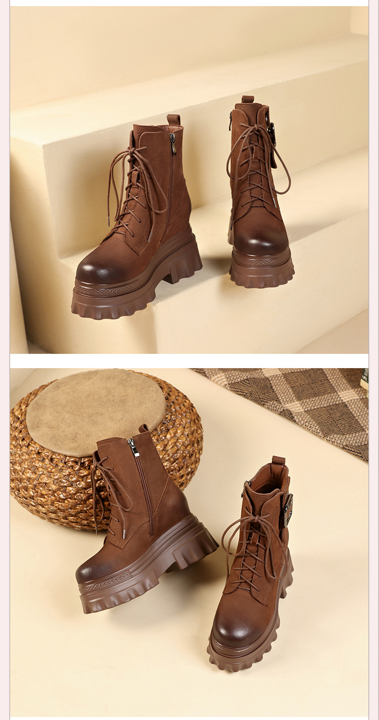 Boot nữ cổ thấp phong cách Anh quốc cổ điển, khóa kéo bên hông, đế dày 10 cm tăng chiều cao — Lót nhung đen chi tiết 11