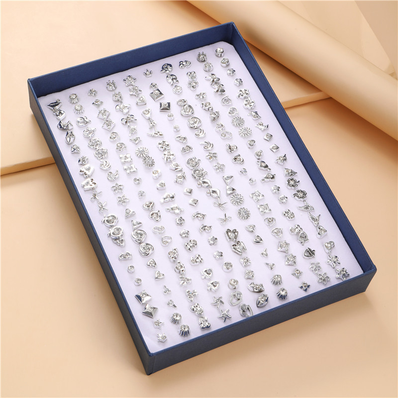 100 Pairs of Boxed Earrings Korean Style Multi-Hole Combination Earrings Simple No-Pull-Off Fashion Diamond-Encrusted Earrings for Women