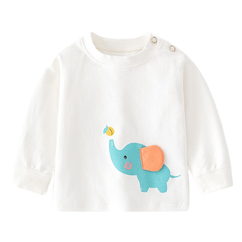 Baby Autumn Clothes Baby Cotton Printed Underwear Pullover Cotton Cartoon Children's Spring and Autumn Base Children's Wear Shoulder Open T-Shirt