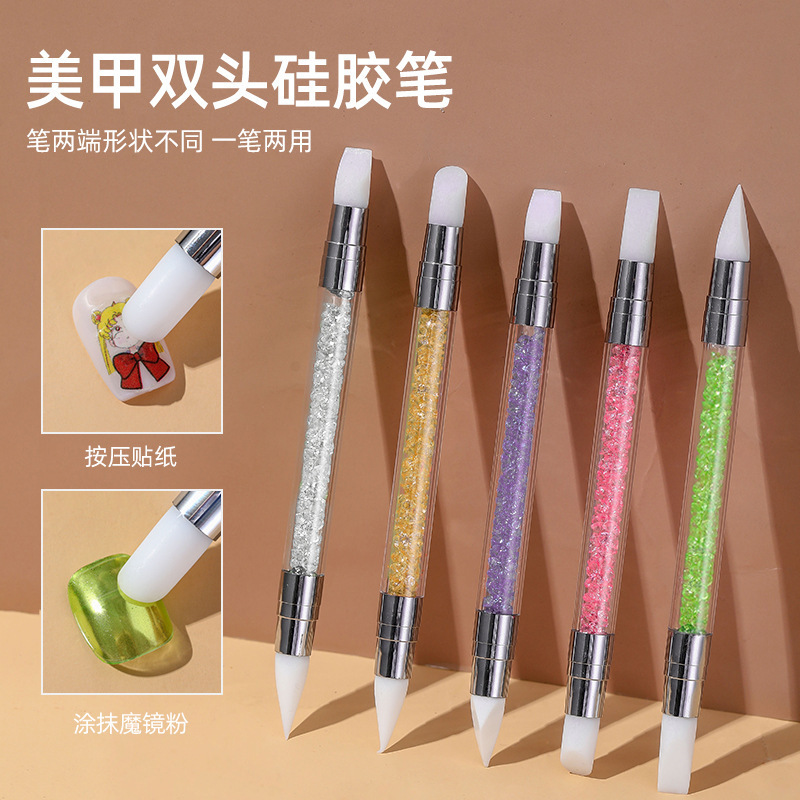 Double-headed nail silicone pen sticker pressing stick multifunctional magic mirror powder smear carved glue nail tools wholesale
