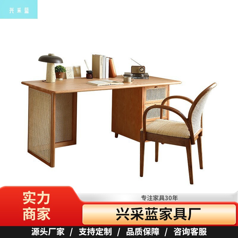 Nordic Solid Wood Desk Bedroom Rattan Home Writing Desk Small Apartment Simple Drawer Storage Cabinet Computer Desk