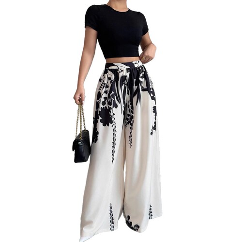 2025 European and American Summer Cross-border New Women's Ink Print Mid-rise Elegant Temperament Fashion Wide Leg Pants with Large Hems