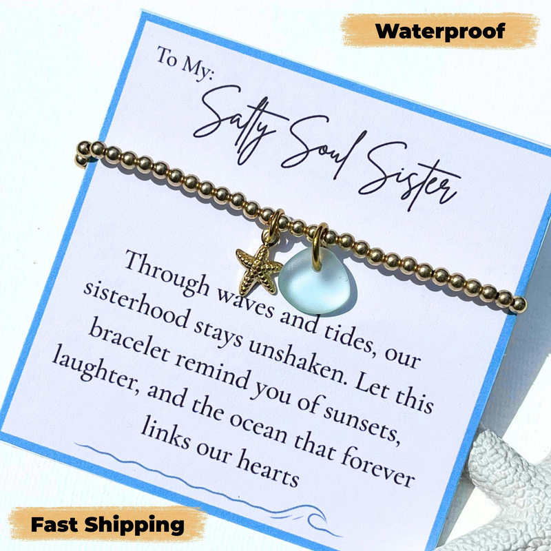 Beach Friendship Bracelet for Women with Natural Sea Glass Starfish Pendant, Round Bead Bracelet with Gold Beads and Sea Glass Starfish Beach Friendship Bracelet for Women with Natural Sea Glass Starfish Pendant, Round Bead Bracelet with Gold Beads and Sea Glass Starfish