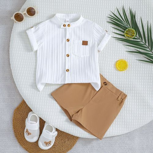 2025—Boy's Spring and Summer Outfit: White Striped Short-Sleeve Shirt + Khaki Shorts Set