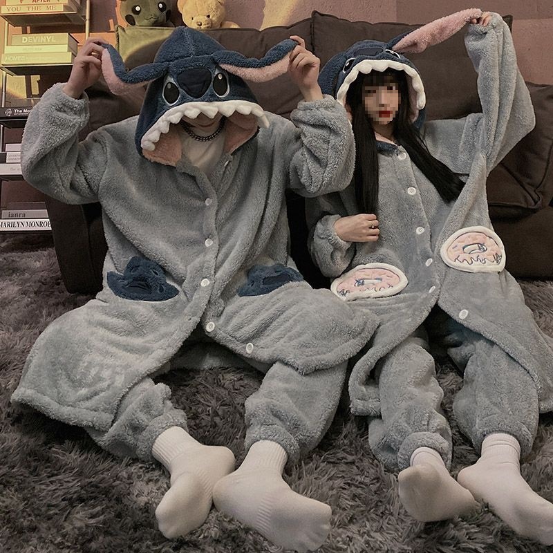 秋冬新款卡通史迪仔连帽情侣睡袍加厚珊瑚绒网红可外穿睡衣女兔毛