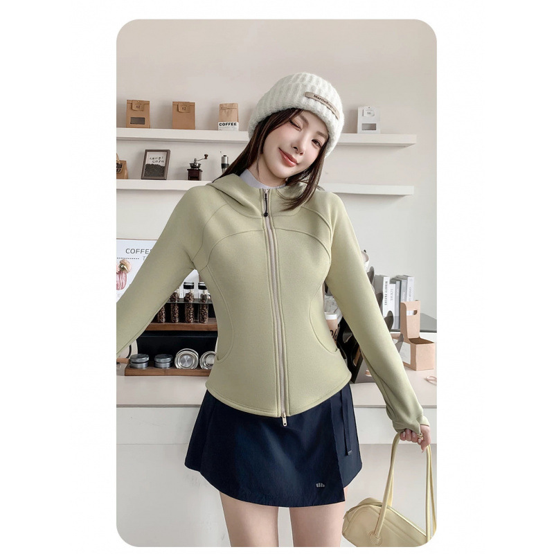 Hooded Slim-Fit Yoga Jacket for Women, New Spring and Autumn Slim-Fit Waist-Cinching Sports Short Top with Zipper 2636