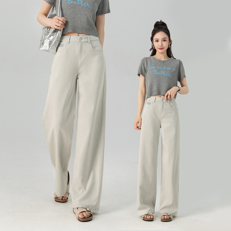 Autumn White Jeans, Loose Narrow Straight-Leg Style for Women, Slimming and Casual High-Waisted Pants for Petite Figures with Side Zipper