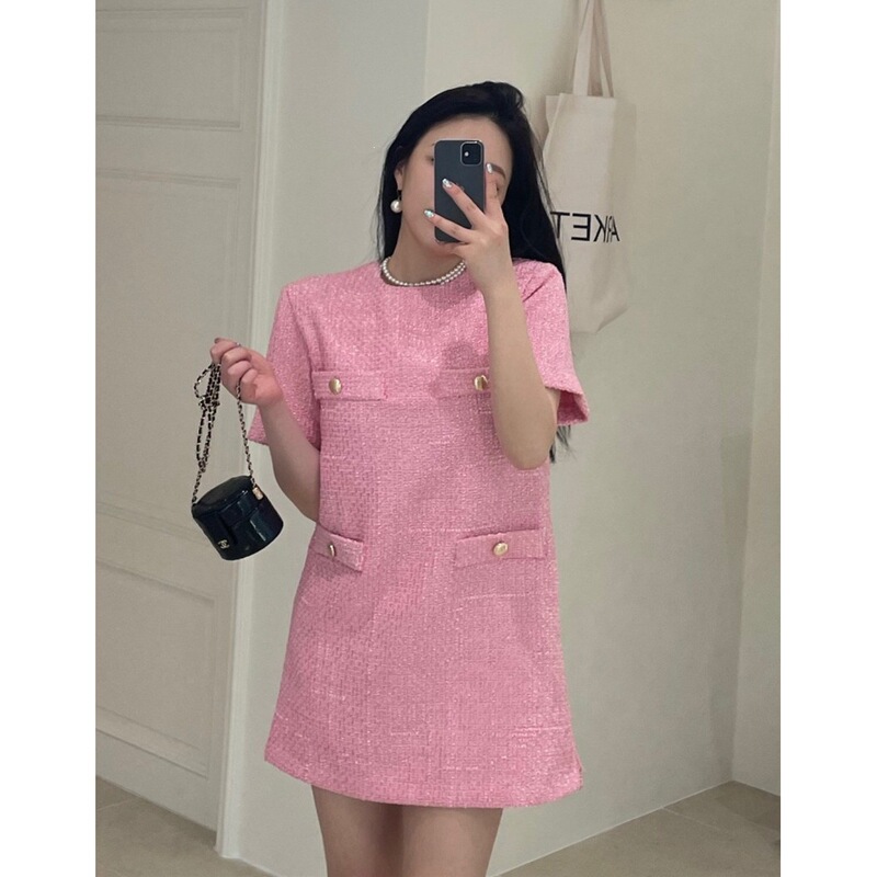 Shipped Now: Korean-Style Minimalist Four-Pocket Design, Thin Tweed, Petite Loose-Fitting Chanel-Style Dress for Women, Available in Three Colors