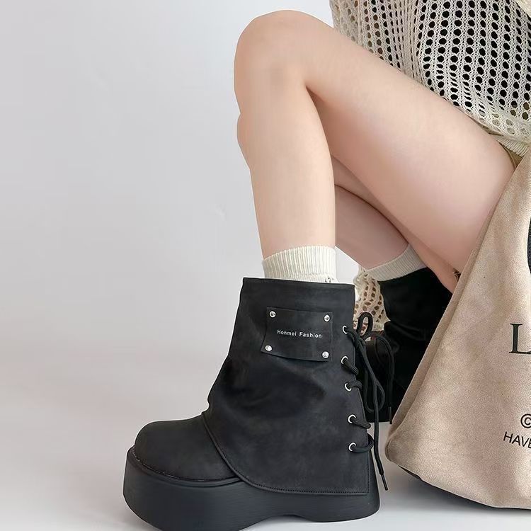 复古百搭网红小个子短靴厚底2025女新款大头裤管绑带马丁靴骑士靴