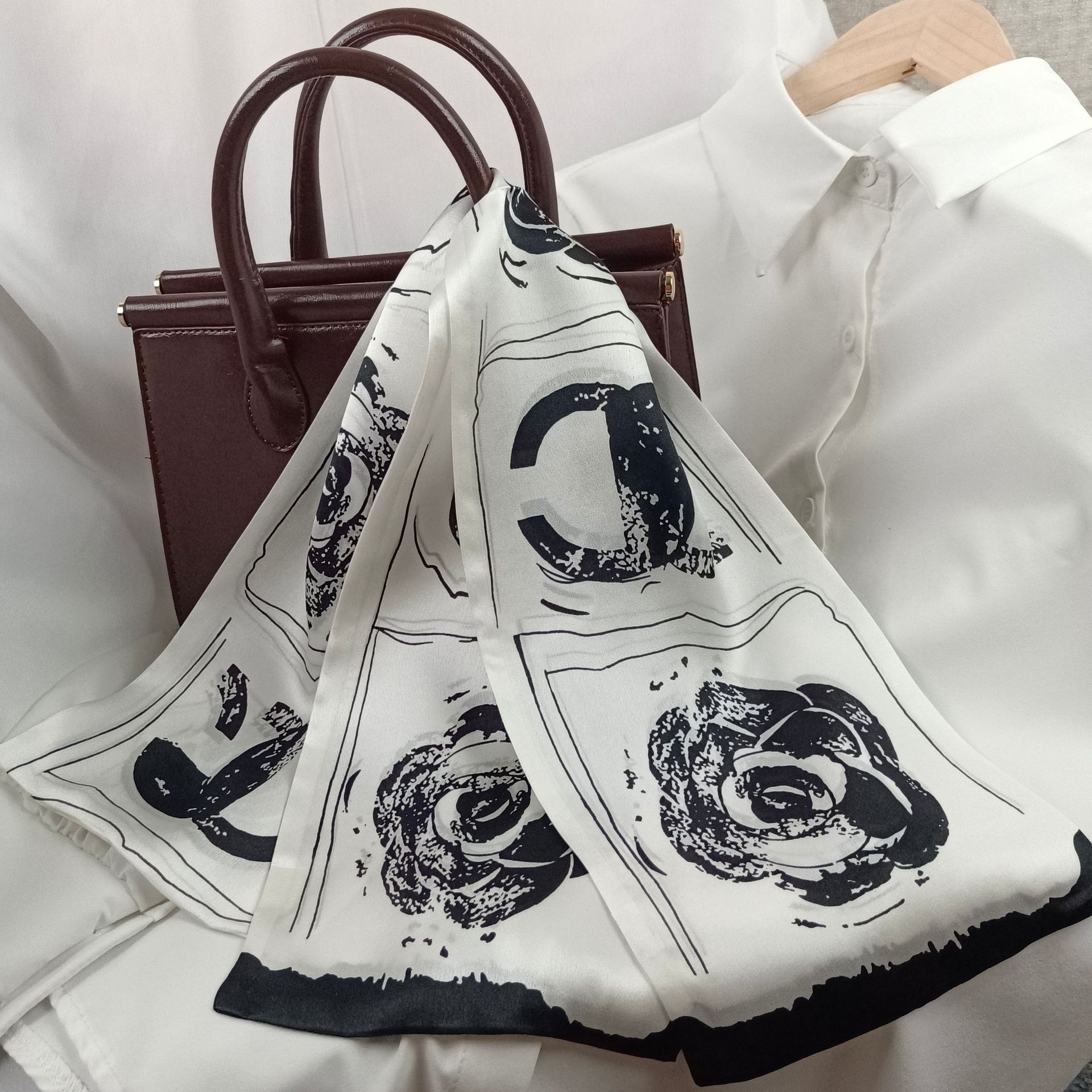 Oil Painting Real Silk Long Scarf For Women, Hangzhou Silk 100% Mulberry Silk Ribbon Decorative Korean Style Spring/Autumn Neck Scarf Hair Band - Thumbnail 7