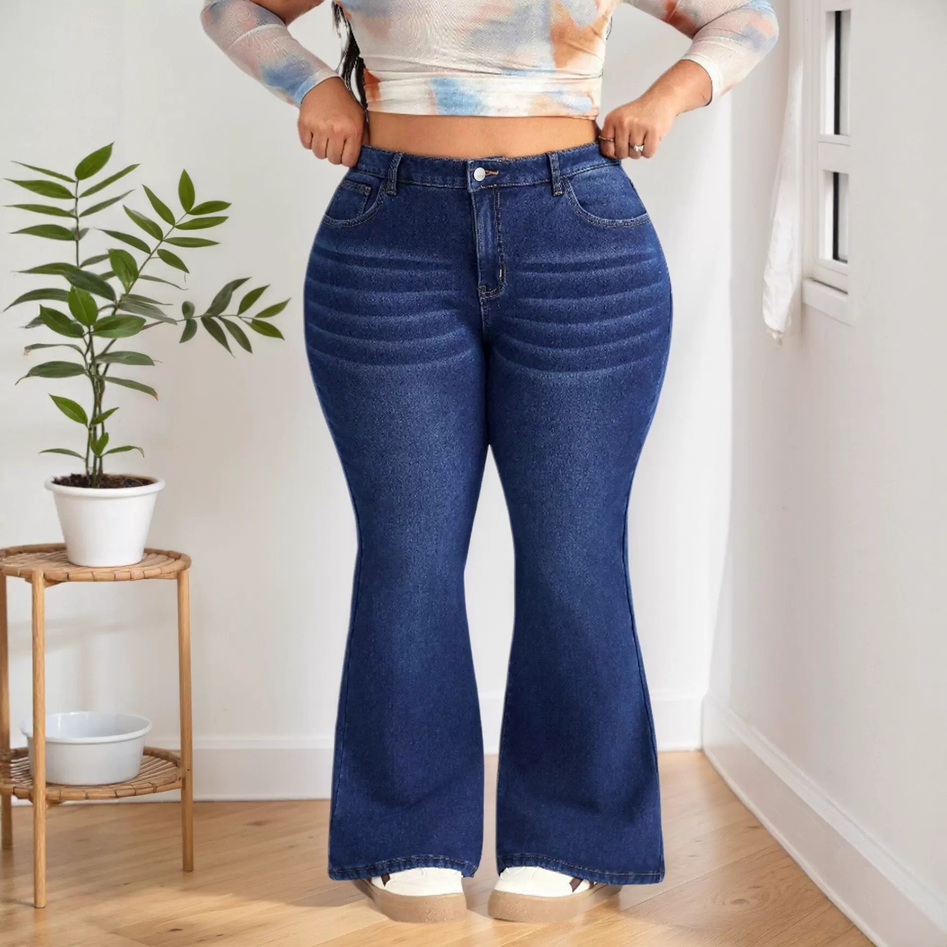 加大码弹力喇叭牛仔裤 春秋装新款外贸品质休闲高个子显瘦修身裤