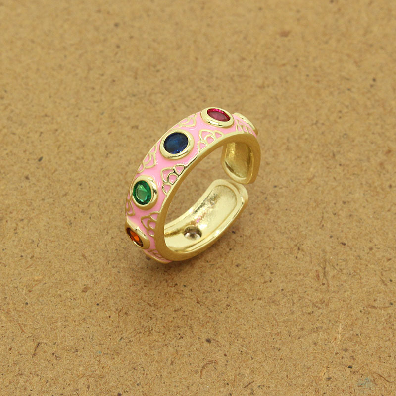 European Cross-border Retro Ethnic Color Zircon Carved Retro Drip Open Ring display picture 5