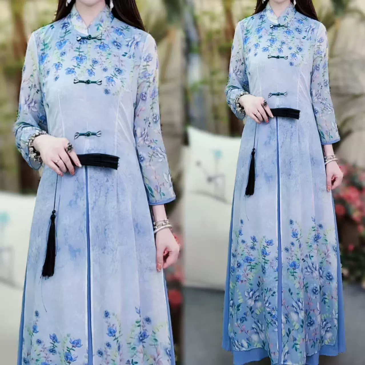 Улучшенное платье Cheongsam в китайском стиле, элегантное плиссированное платье с цветочным принтом для мамы, новое китайское длинное платье, новинка лета 2025 года