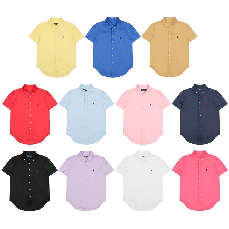 Top-Quality [Ralph Lauren] Classic Basic Solid Color Short-Sleeve Shirt with Polo Pony Embroidery Linen Shirt