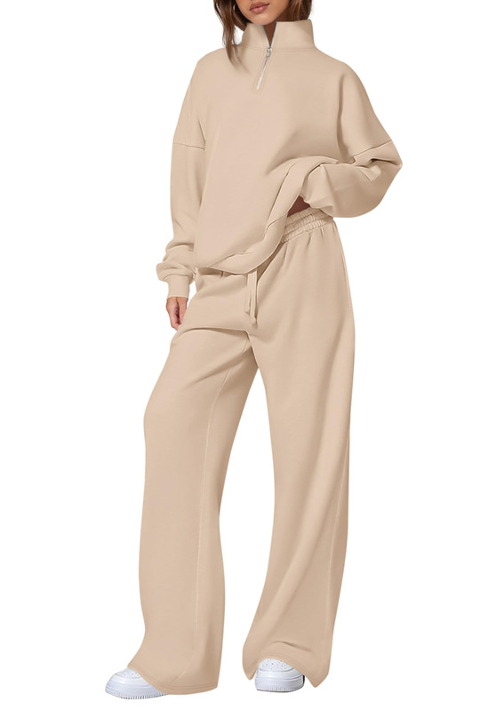 独立站女式休闲两件套2025秋冬季半拉链运动衫直筒裤运动服旅行套|undefined