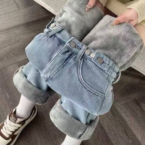 High-Waisted Straight-Leg Fleece-Lined Thickened Jeans for Autumn and Winter, Warm and Stylish for Outerwear, Loose Fit, Slimming, Drapey, Trendy Women's Style High-Waisted Straight-Leg Fleece-Lined Thickened Jeans for Autumn and Winter, Warm and Stylish for Outerwear, Loose Fit, Slimming, Drapey, Trendy Women's Style