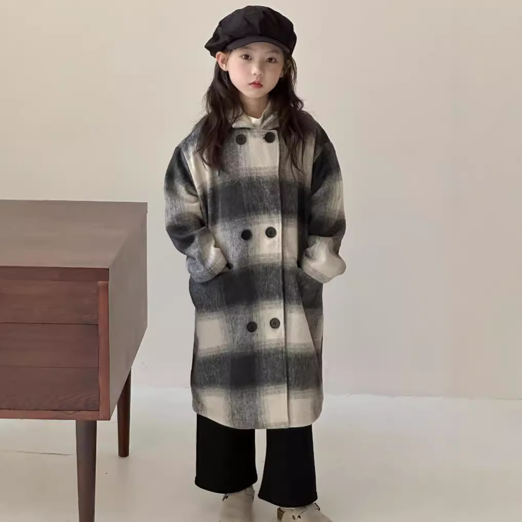 童装2025秋冬韩版女童格子翻领长款呢大衣中性风儿童宽松毛呢外套
