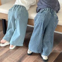 儿童牛仔裤宽松直筒男女童阔腿裤子2025新款春秋季小波圆点长裤