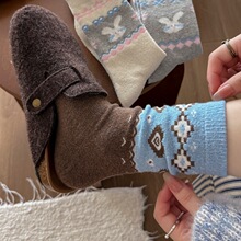 小红书秋冬复古费尔岛羊毛袜子女加厚保暖可爱卡通兔子中筒堆堆袜