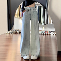 美式浅蓝色直筒牛仔裤女夏季新胖妹妹mm高腰显瘦宽松阔腿拖地裤