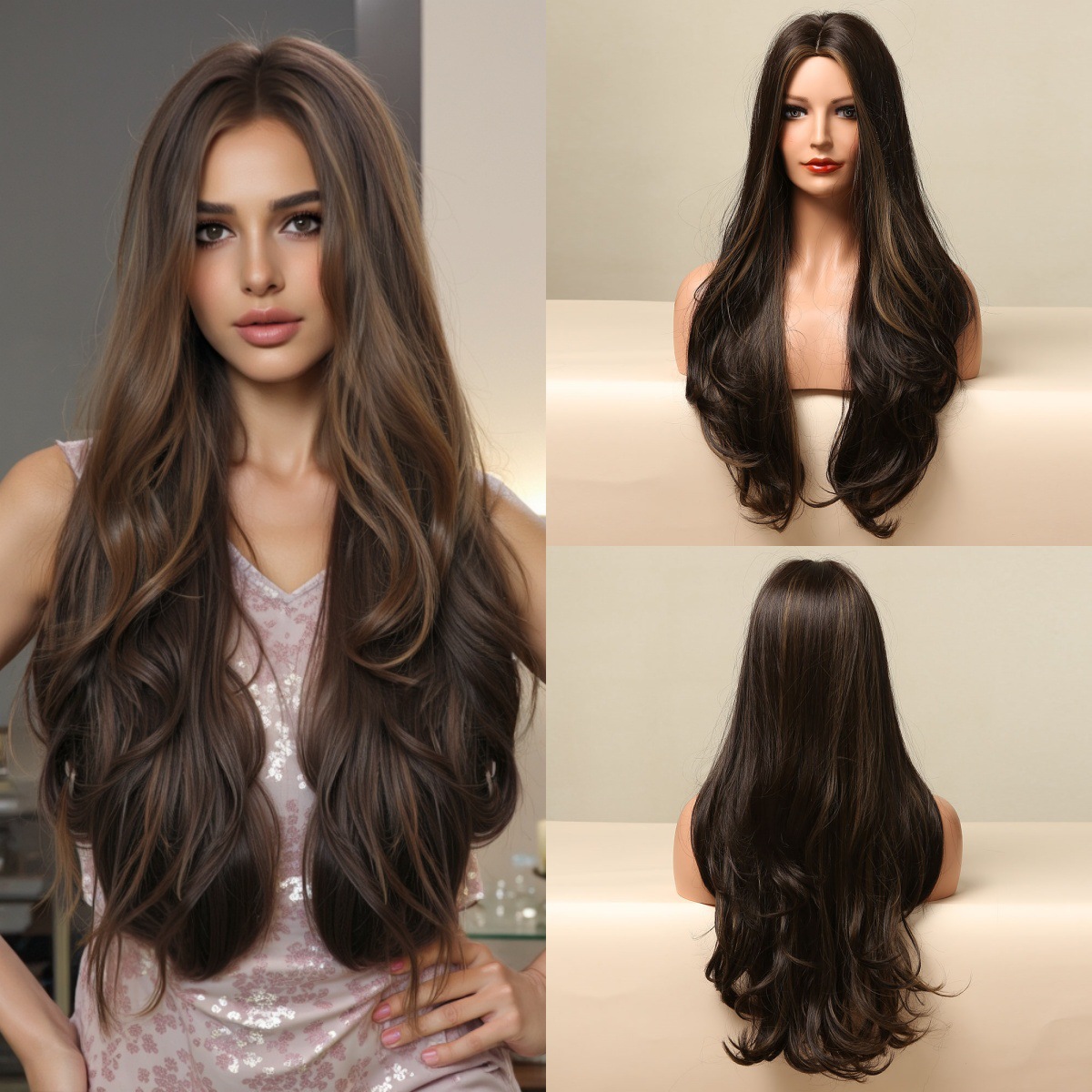 Comercio exterior Pelucas europeas y americanas, celebridades de Internet, ondas grandes, cabello largo y rizado, cabello largo, cabello largo, negro, marrón, cubierta completa, wigs