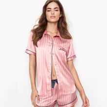 Summer Pajamas for Women Satin Silk Stripes Sleepwear Pyjama