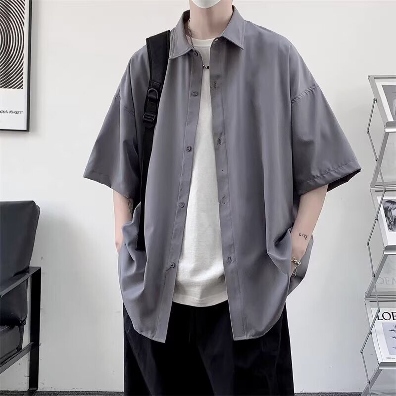 Short-Sleeved Shirts for Men, Summer Cool Shirts, Half-Sleeved Drapey Jackets, Versatile Hong Kong Style Loose Casual Tops for Men