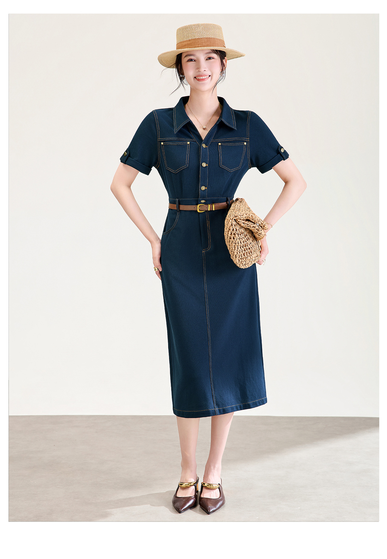 Đầm denim nữ cổ V eo cao tay ngắn dáng ôm — xanh lam chi tiết 11