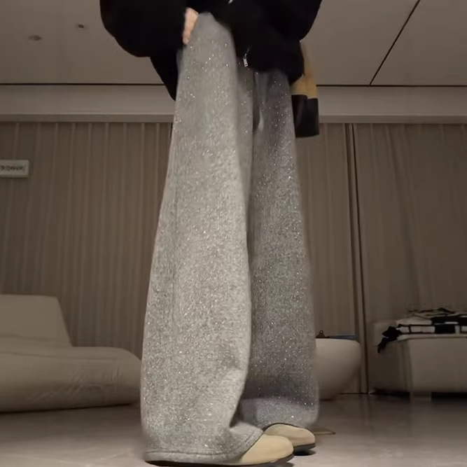 Light Gray Sequin Wide-Leg Pants for Women, Autumn/Winter 2025 New High-Waisted Slimming Petite Fleece-Lined Curved Sports Pants Light Gray Sequin Wide-Leg Pants for Women, Autumn/Winter 2025 New High-Waisted Slimming Petite Fleece-Lined Curved Sports Pants