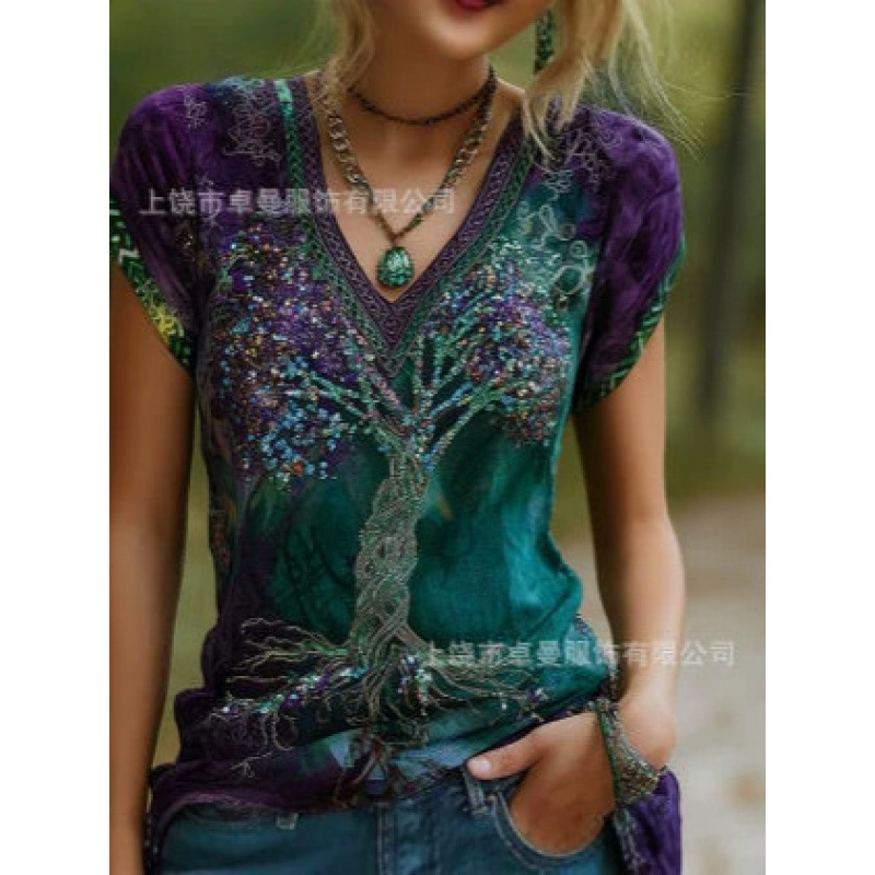 Cross-border Amazon new bohemian style 3D printed floral fashion casual plus-size vintage V-neck short-sleeve T-shirt Cross-border Amazon new bohemian style 3D printed floral fashion casual plus-size vintage V-neck short-sleeve T-shirt