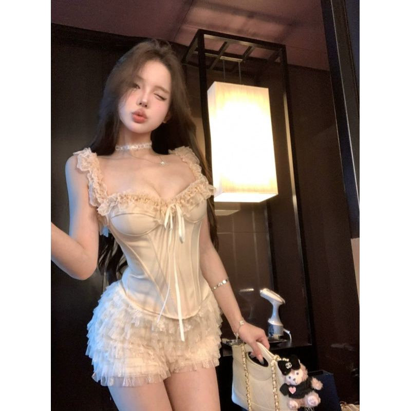 Sexy French Lace Camisole for Women, Pure Desire Hot Girl One-Shoulder Fishbone Tube Top, Beautiful Hollow Top